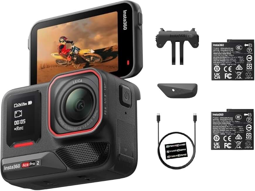 Insta360 Ace Pro 2 Dual Battery Bundle Waterproof 33ft Action Camera Lens 8K Large Sensor and Dual AI Editing Noise Reduction 1/1.3" Sensor, Leading Low Light Flip Up LCD Screen Sports Content